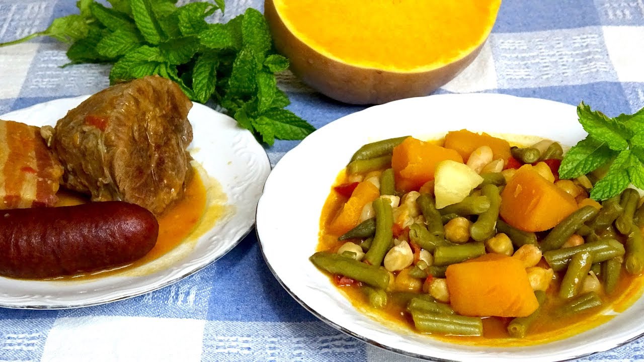 potaje de calabaza y judías verdes con pringá